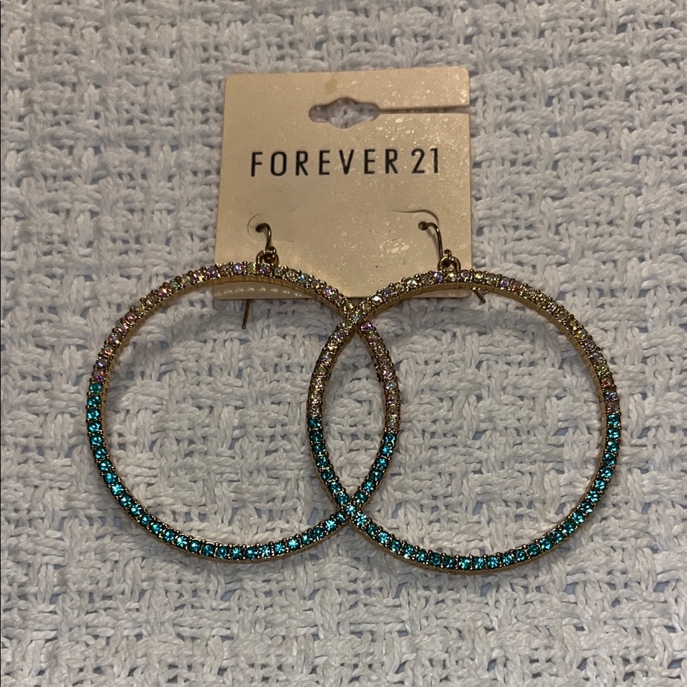 Forever 21 Aqua and Gold Rhinestone Hoops
